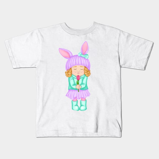 Baby girl in bunny hat and spring clothes with flower. Spring print Kids T-Shirt by Ayaruta